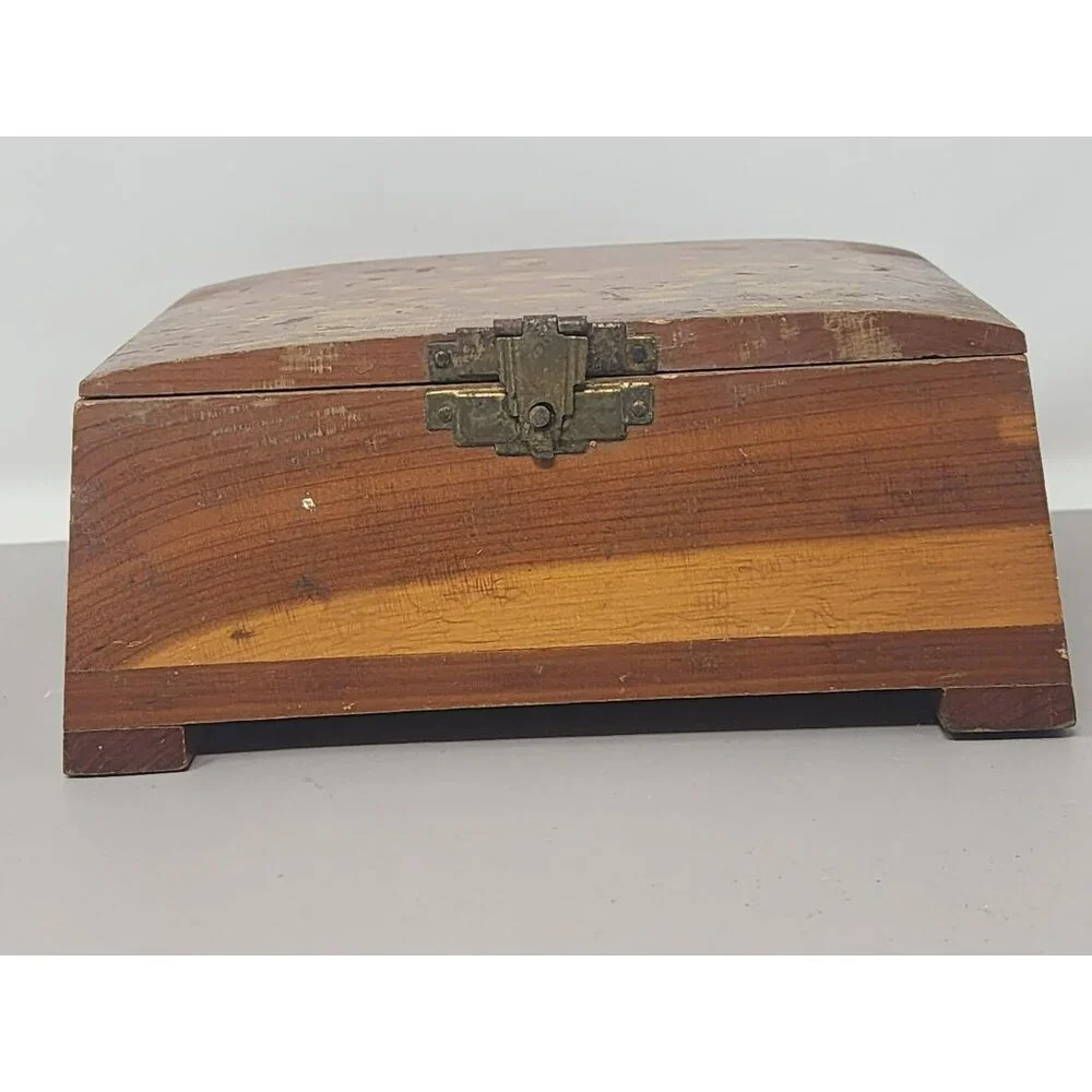 Vintage Small Cedar Wood Jewelry Keepsake Box Solid Wood Construction Stamped101